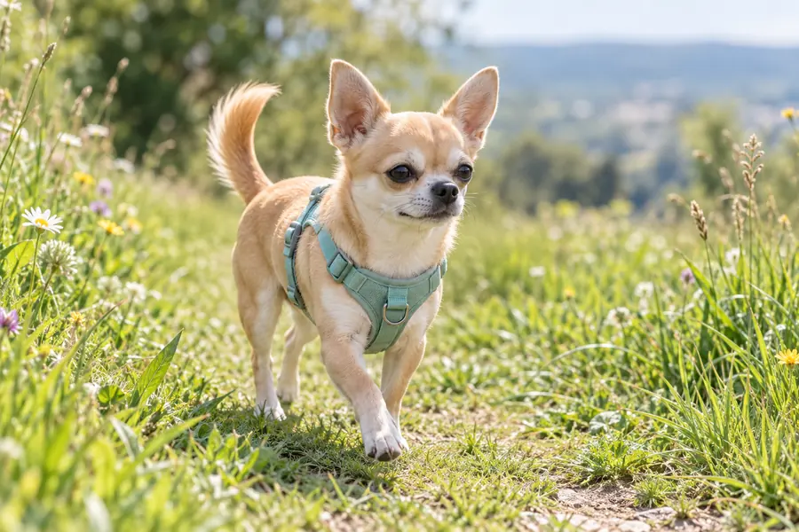 KI-Symbolbild: Ein Chihuahua mit Geschirr auf einem sonnigen Weg.