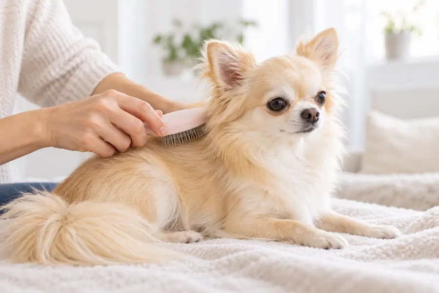KI-Symbolbild: Ein langhaariger Chihuahua wird behutsam gebürstet.