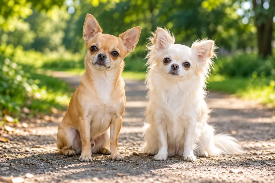 KI-Symbolbild: Kurzhaar- und Langhaar-Chihuahua nebeneinander.