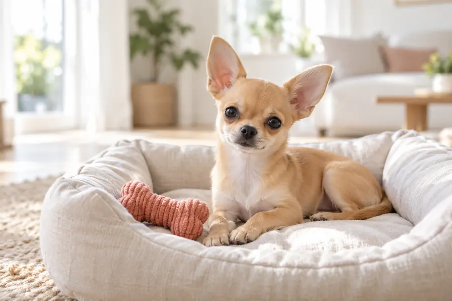 KI-Symbolbild: Ein Chihuahua-Welpe entspannt in einem hellen Hundebett.