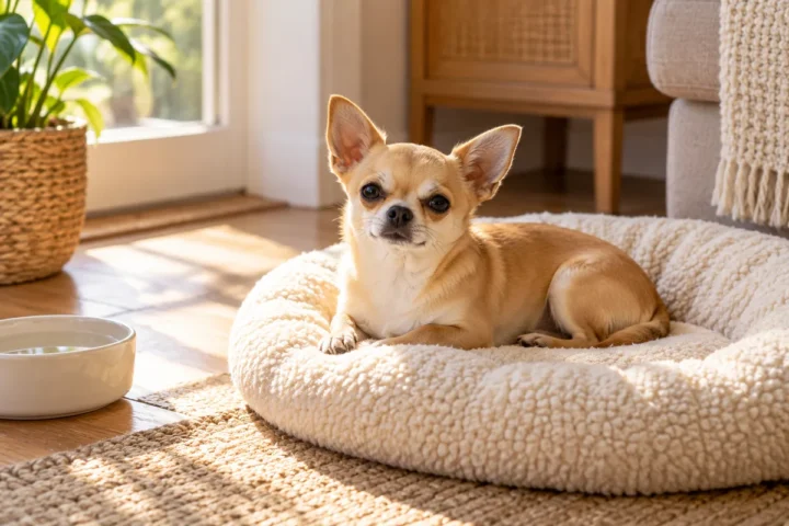 Ein kurzhaariger Chihuahua liegt auf einem cremefarbenen Hundekissen neben einem Wassernapf.