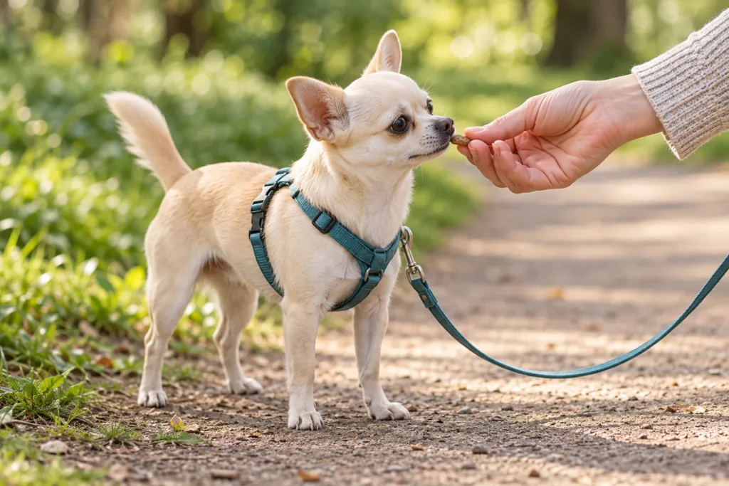 Ein Chihuahua im petrolfarbenen Geschirr nimmt an lockerer Leine eine kleine Belohnung aus einer Hand.