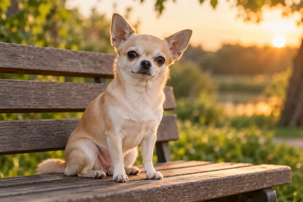 Ein cremefarbener Chihuahua sitzt bei warmem Abendlicht auf einer niedrigen Holzbank im Park.