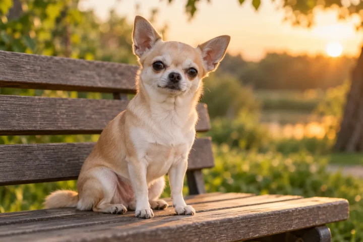Ein cremefarbener Chihuahua sitzt bei warmem Abendlicht auf einer niedrigen Holzbank im Park.