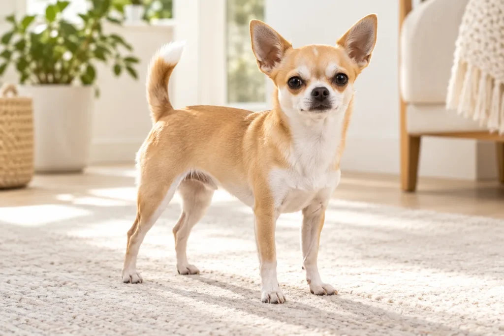 Hellbrauner Chihuahua mit weißer Brust steht aufmerksam in einem hellen Wohnraum.