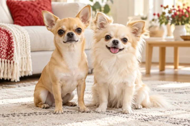 Ein kurzhaariger und ein langhaariger Chihuahua sitzen nebeneinander auf einem hellen Sofa.