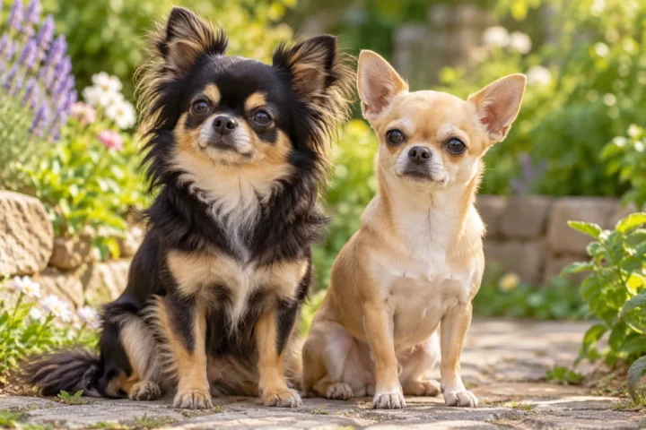 Ein schwarz-brauner Langhaar-Chihuahua und ein hellbrauner Kurzhaar-Chihuahua sitzen nebeneinander in einem Garten.